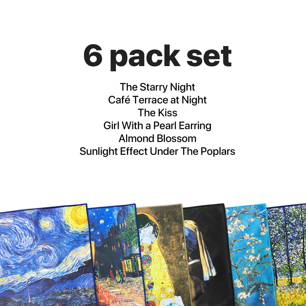 Art-inspired microfiber cloths in six-pack packaging