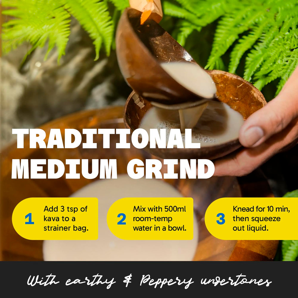 Medium grind kava powder made from lateral kava roots