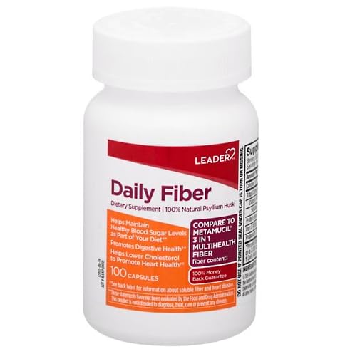 Front label of Leader Daily Psyllium Husk Powder highlighting 3-in-1 fiber benefits