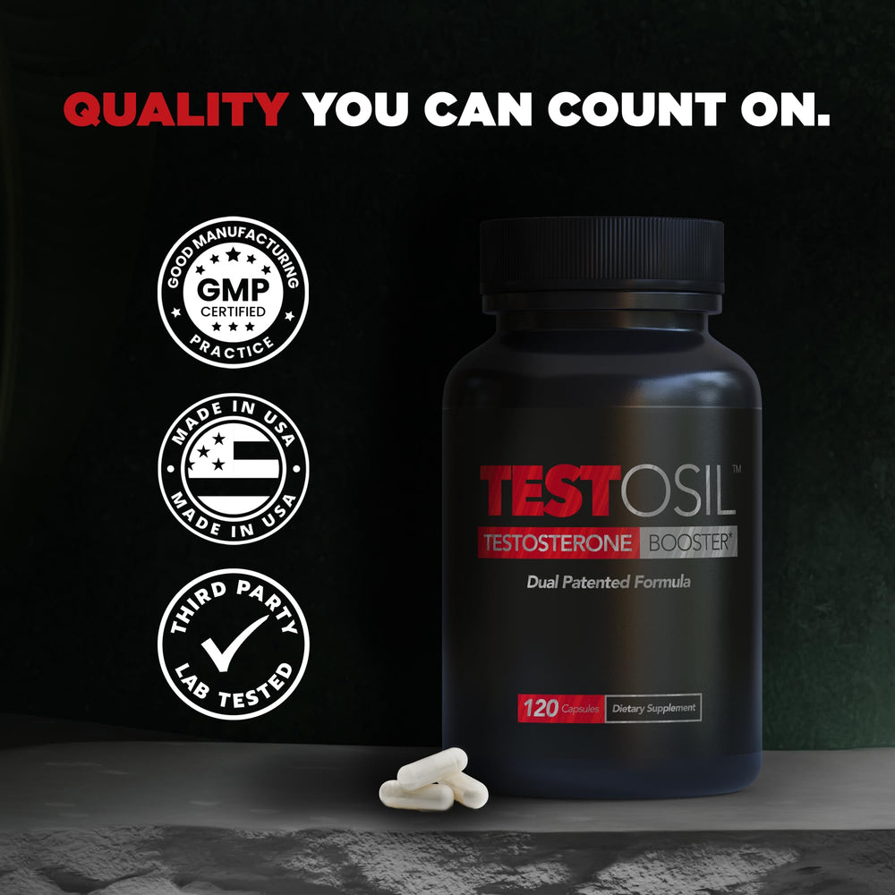 Leading Edge Health Testosil gluten-free and non-GMO label on bottle signals clean ingredients.