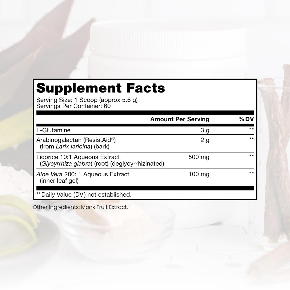 Close-up of L-Glutamine and Arabinogalactan ingredients