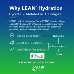 Single-serving LEAN Hydration electrolyte packets with orange yuzu flavor beside a glass of water