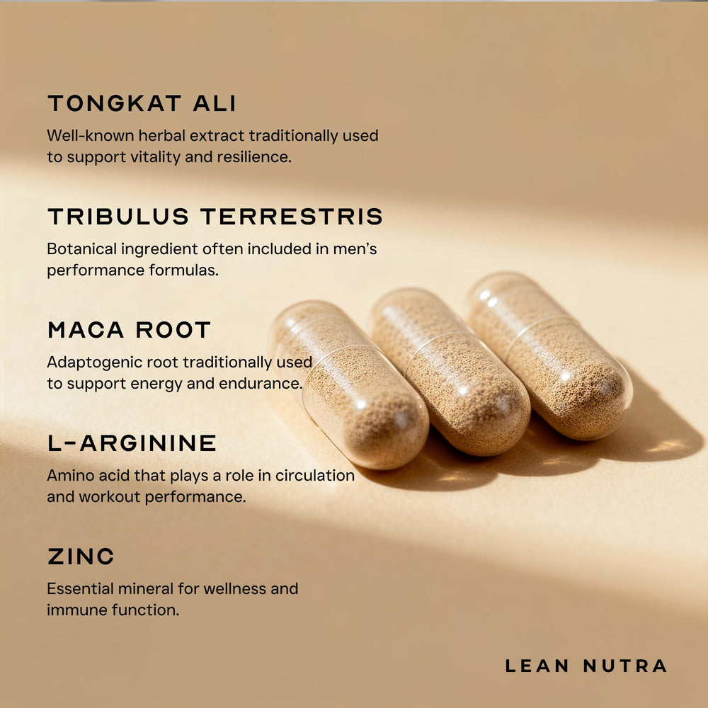 Lean Nutra Men’s Hormone Support ingredients like maca and tribulus for vitality.