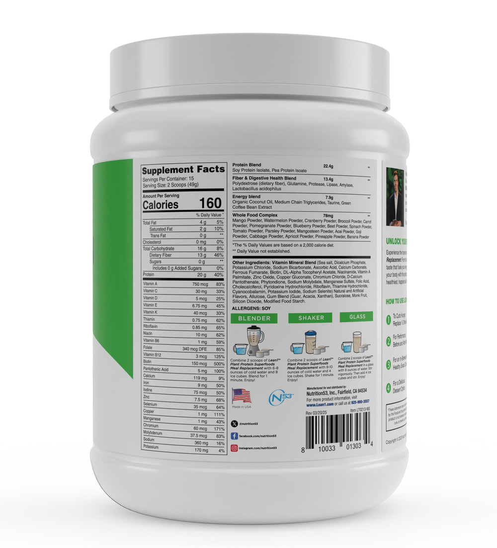 LEAN1 organic fruits and vegetables ingredients image conveys natural nutrients for daily energy.