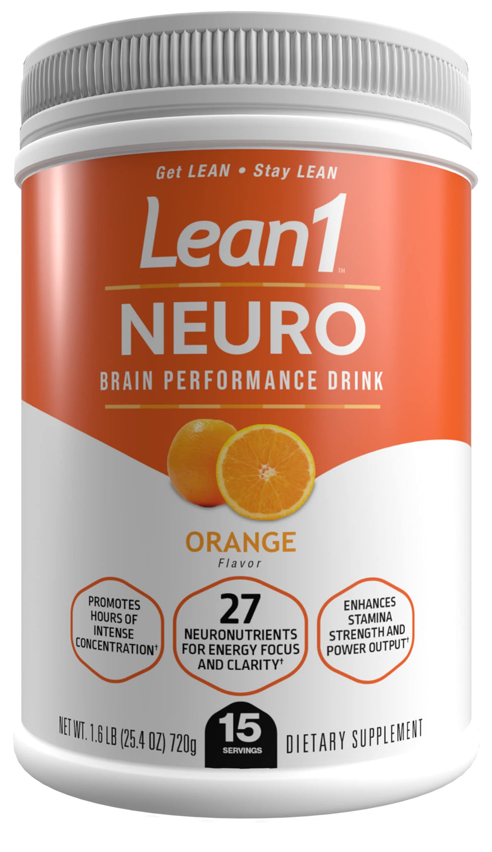 Lean1 Neuro orange flavor tub - front view