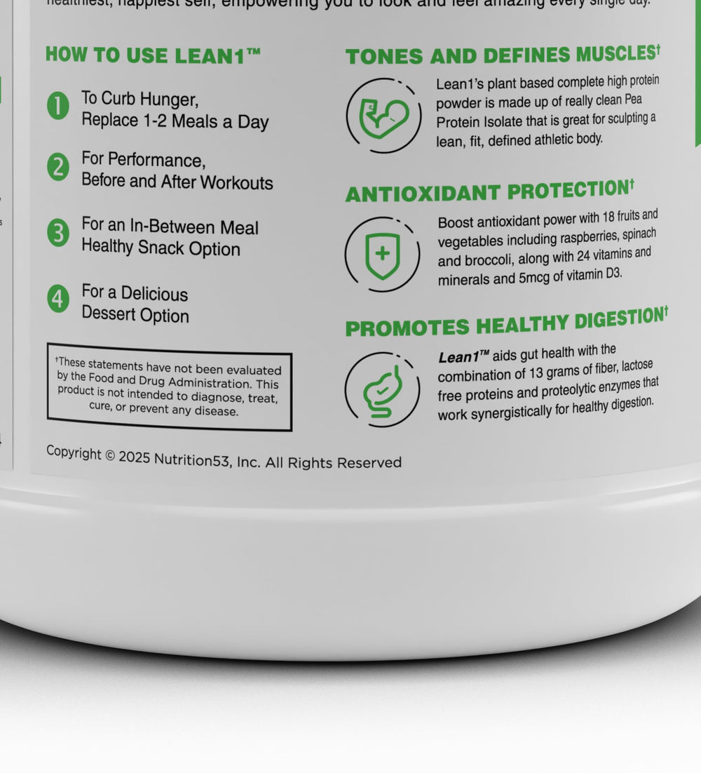 LEAN1 nutrition facts label emphasizes vitamins and minerals alongside fiber content.