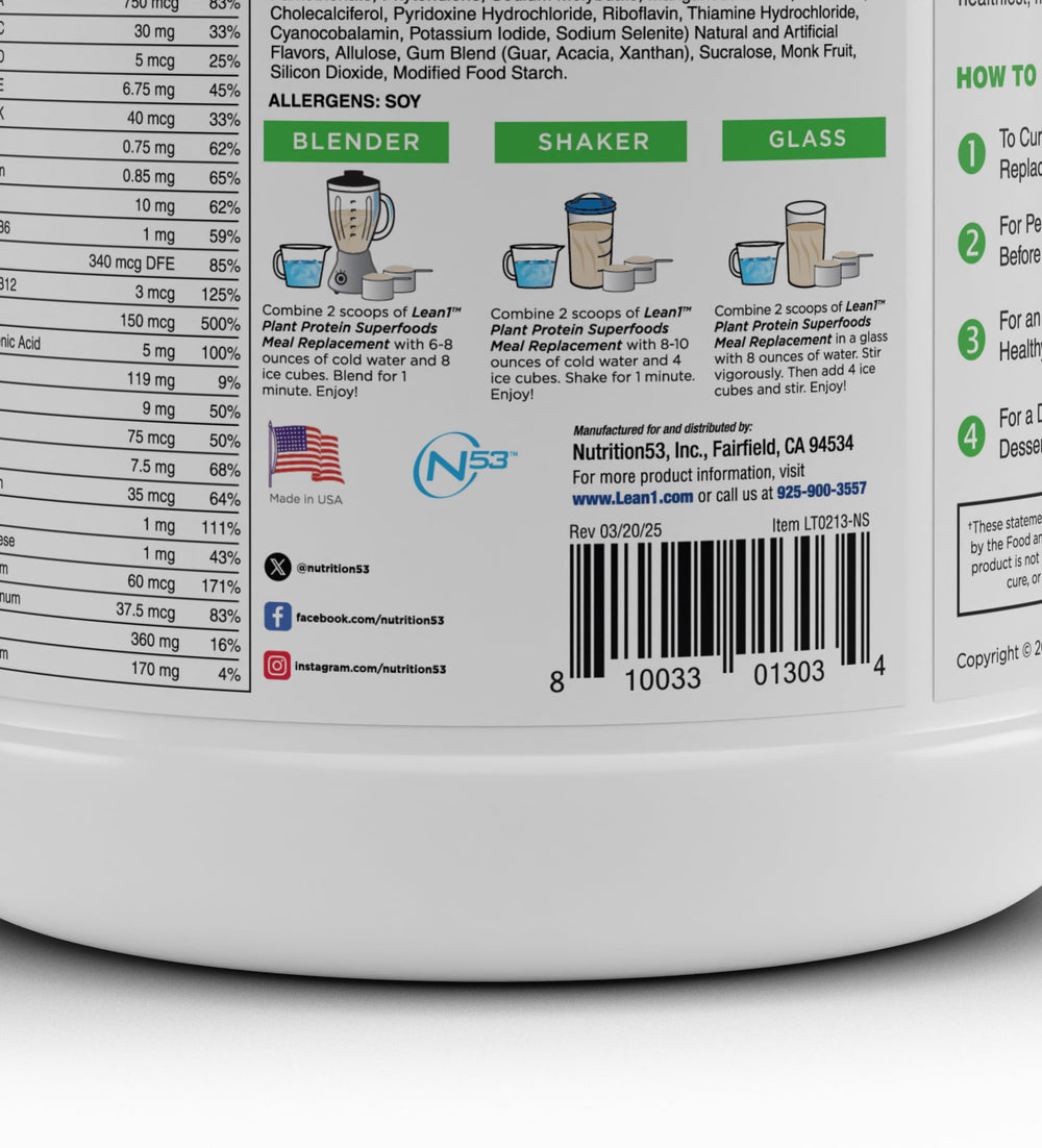 LEAN1 shake being poured into a glass demonstrates easy, creamy vanilla texture for quick meals.