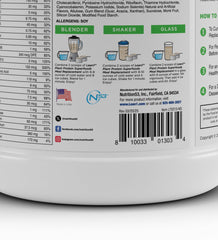 LEAN1 shake being poured into a glass demonstrates easy, creamy vanilla texture for quick meals.