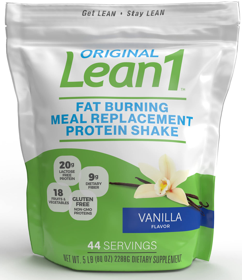 LEAN1 Vanilla shake poured in a glass, highlighting smooth meal replacement texture.