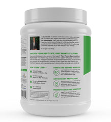 LEAN1 vanilla tub side nutrition panel highlights 20 g protein and 10 g fiber per serving.
