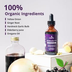 Ingredients collage featuring elderberry, garlic, onion, ginger, and oregano oil
