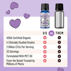 Happy toddler holding Legendairy Milk Probiotic Drops
