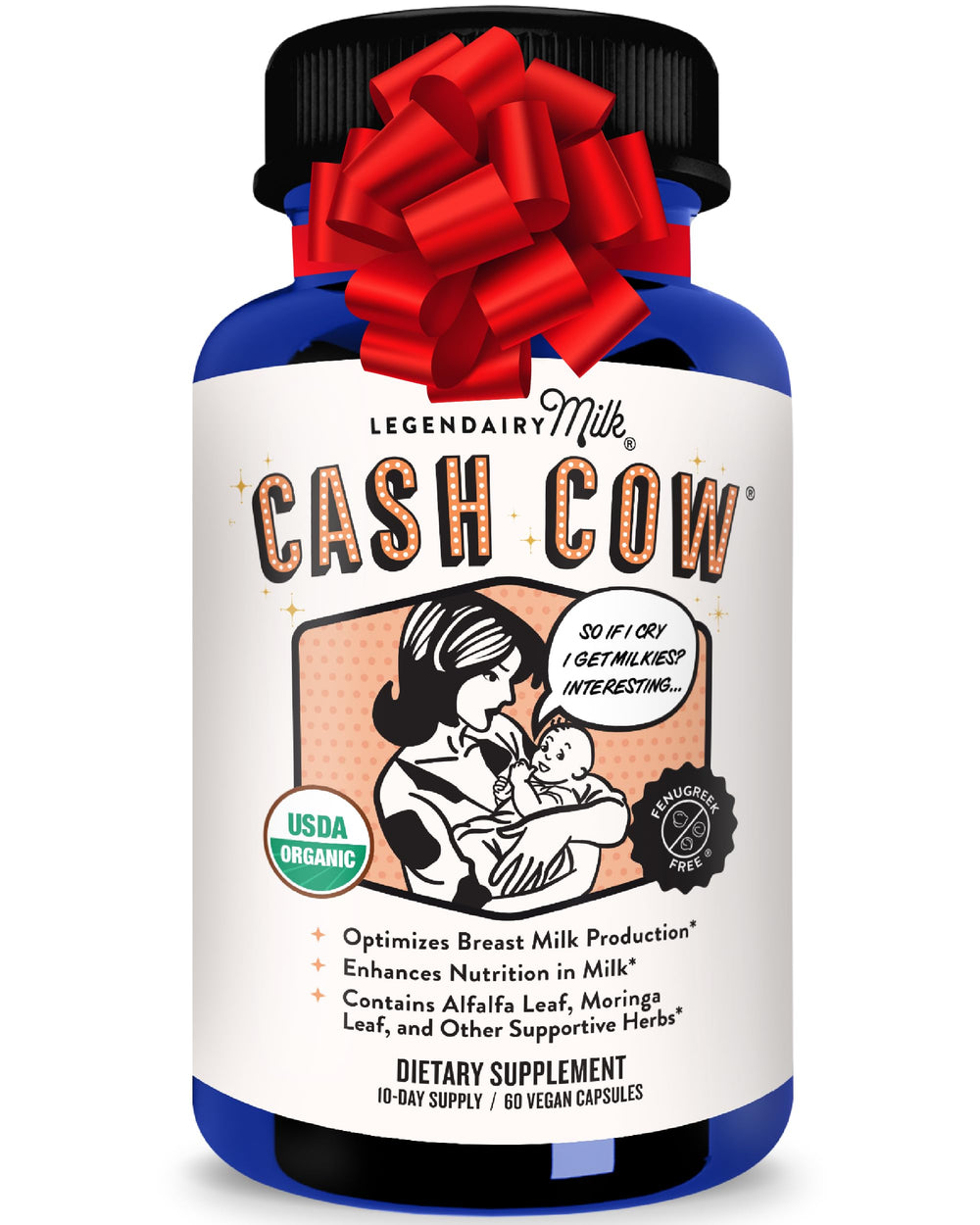 Legendairy Milk Cash Cow bottle front with organic lactation herbs for milk support