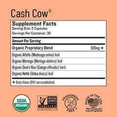 Legendairy Milk Cash Cow herbal blend jar showcases moringa, alfalfa, nettle, and goat's rue