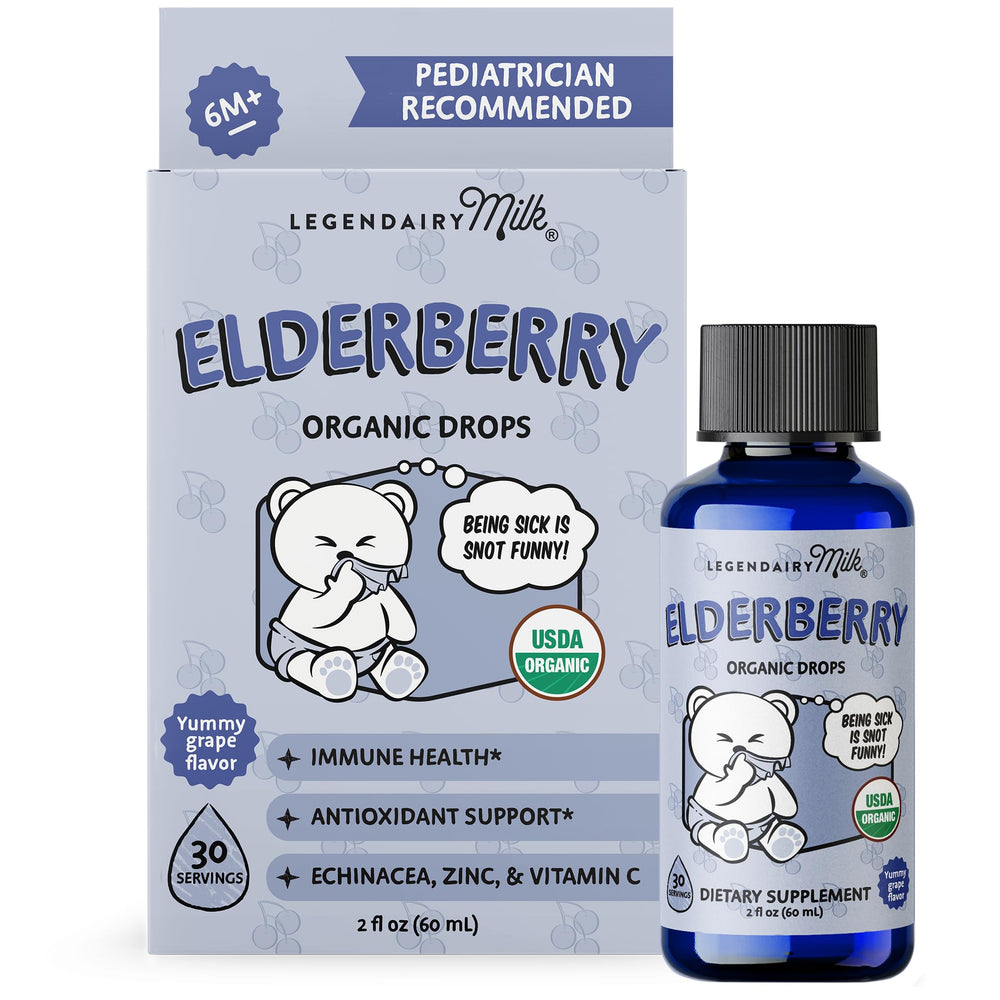 Bottle of Legendairy Milk Organic Elderberry Drops on white background