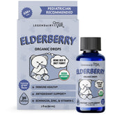 Bottle of Legendairy Milk Organic Elderberry Drops on white background