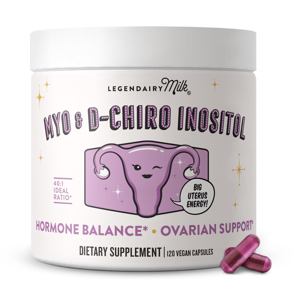 Legendairy Milk Pure Inositol capsules showing 40:1 Myo-Inositol to D-Chiro Inositol ratio
