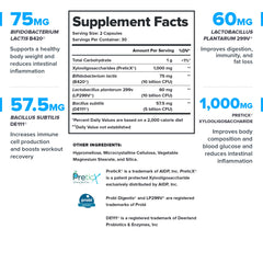 Ingredients: Bifidobacterium lactis B420, Bacillus subtilis DE111, Lactobacillus plantarum 299v, PreticX Xylooligosaccharide