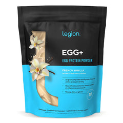 LEGION Egg+ Protein Powder vanilla jar with scoop—clean protein for lean muscle support.
