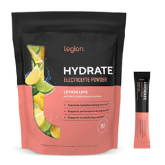 LEGION Hydrate lemon-lime packet closeup showing convenient single-serve hydration on the go