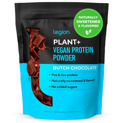 LEGION Plant+ Chocolate powder being poured for a post-workout shake.