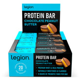 Legion protein bar chocolate peanut butter packaging highlighting grab-and-go protein