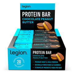 Legion protein bar chocolate peanut butter packaging highlighting grab-and-go protein