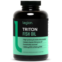 Front view of LEGION Triton Fish Oil Capsules bottle