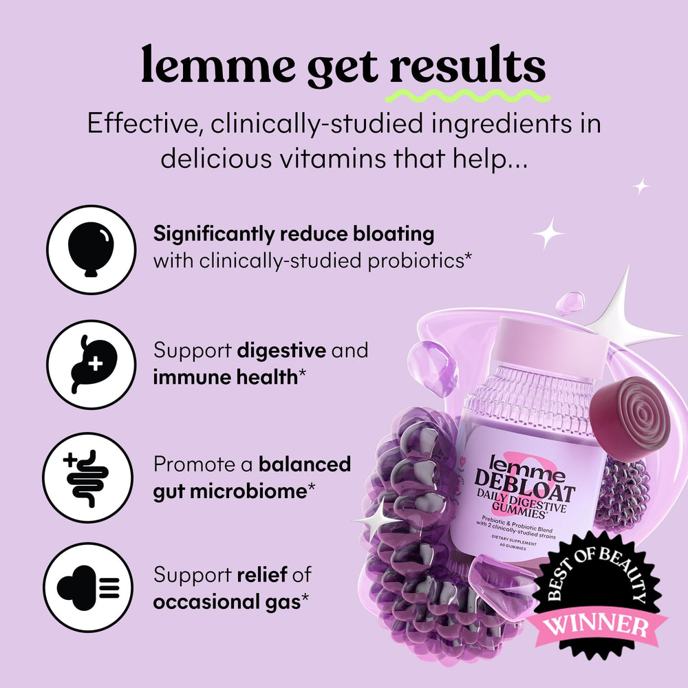 Lemme Debloat bottle back reveals ingredients and dietary notes.