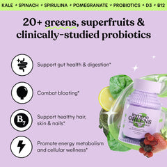 Graphic showing 20+ organic greens and superfruits