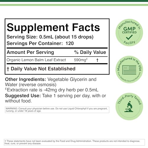 Lemon balm tincture drops showing 15 drops per serving (0.5 ml)