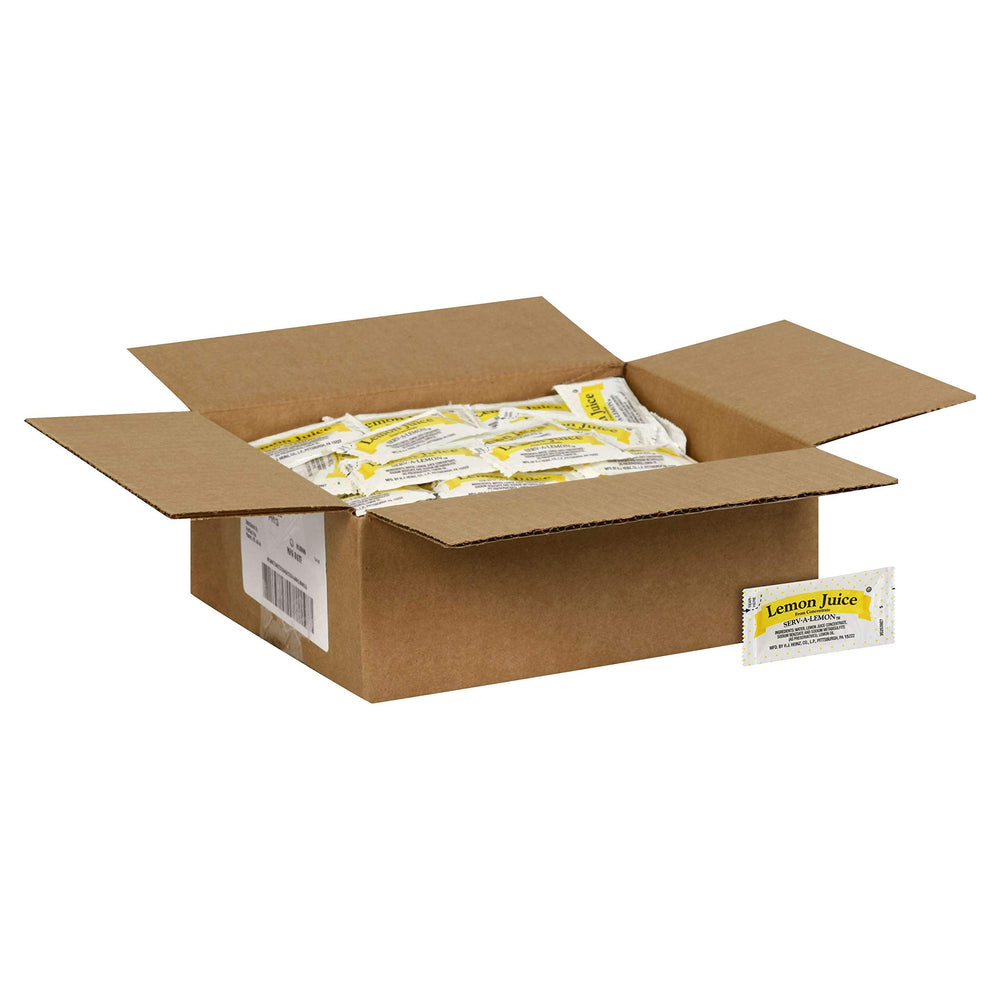 Assorted lemon juice packets arranged in a box for delivery