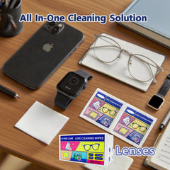 Eyeglasses being cleaned with a wipe