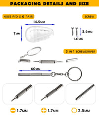 Includes six nose pads, screws, and a screwdriver