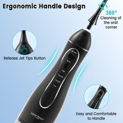 Package contents: water flosser, replacement heads, manual, charging cable