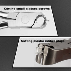 Pliers cutting eyeglass screws and plastic plugs