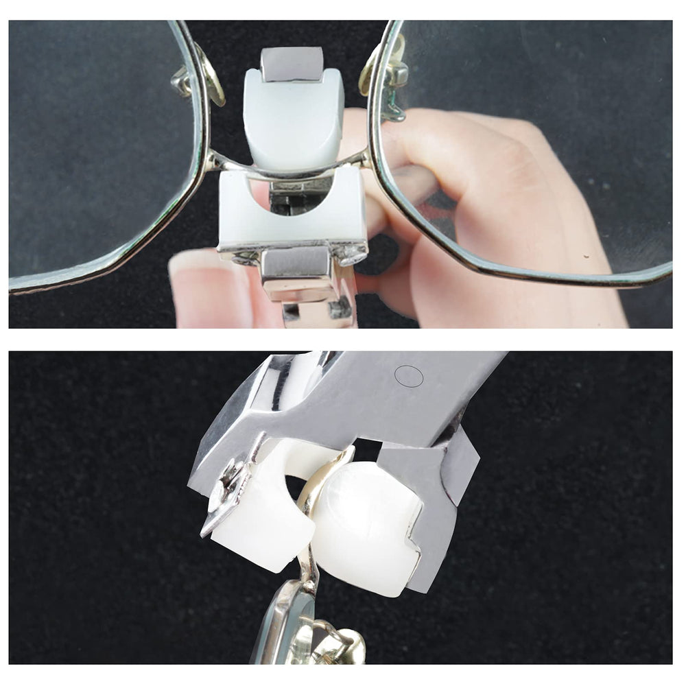 Pliers adjusting eyeglasses frame in a repair setup