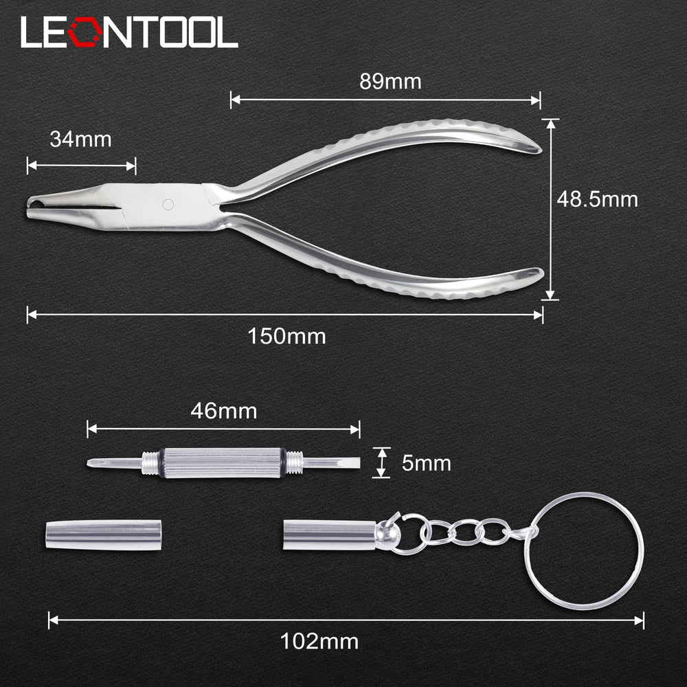 Kit includes pliers and mini screwdriver