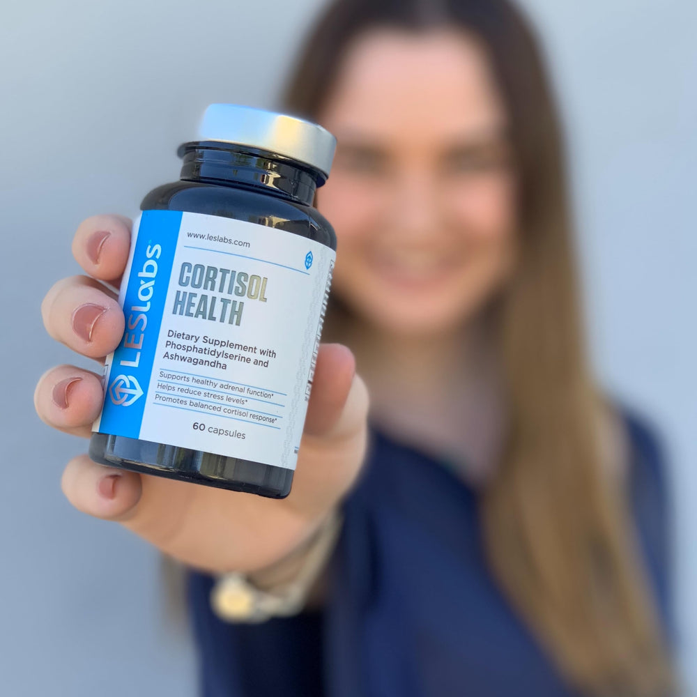 LES Labs Cortisol Health label close-up with usage directions