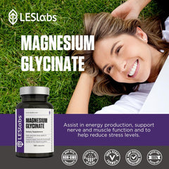 Front view of LES Labs Magnesium Glycinate bottle with label