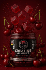 Assorted flavors packshot showing Blueberry, Cherry and Lemon LETS-CUBE Creatine Gummies