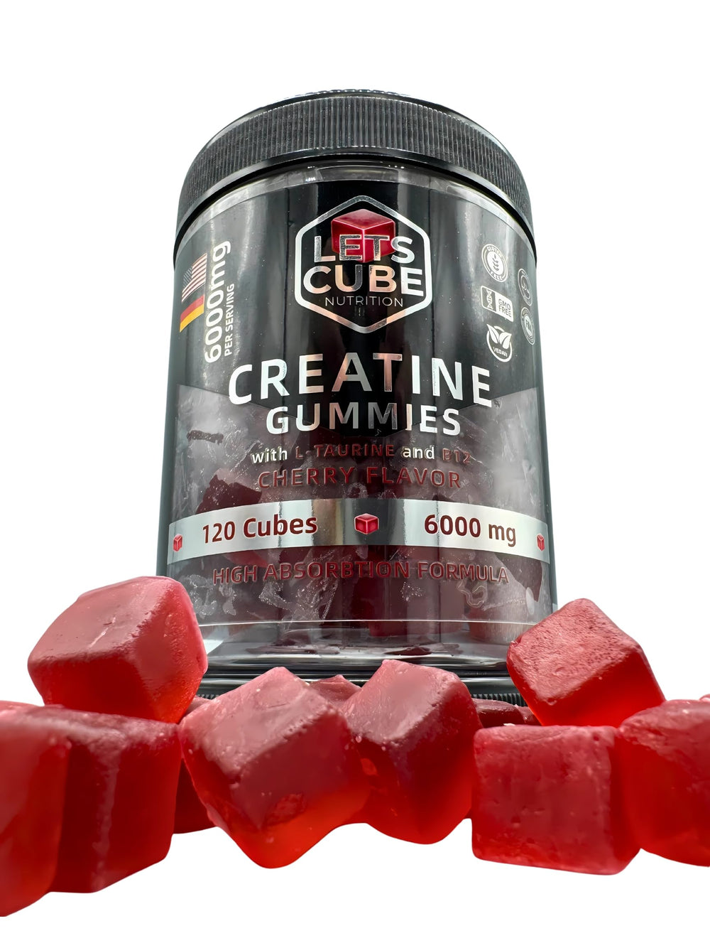 LETS-CUBE Creatine Gummies jar packshot with Cherry flavor