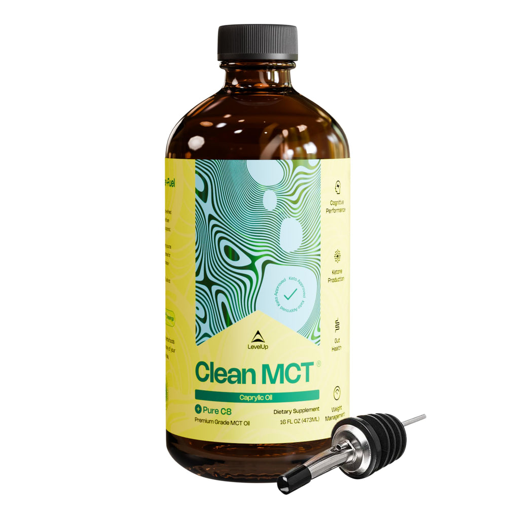 LevelUp Clean MCT Oil 100% Caprylic C8 in a 16 oz glass bottle
