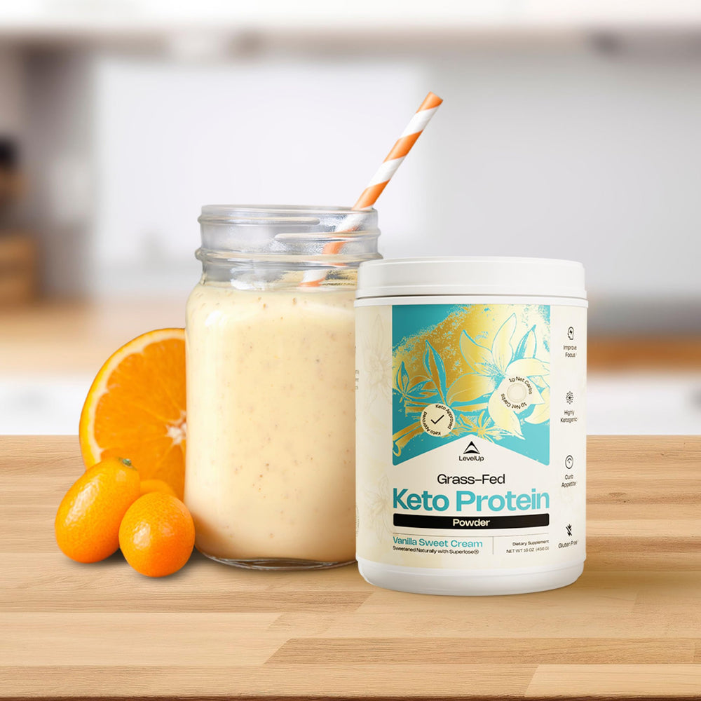 Ingredients panel of LevelUp Keto Protein highlights collagen, MCT, and whey.