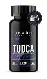 Leviathan Nutrition TUDCA bottle front shows 60 capsules for a monthly supply.