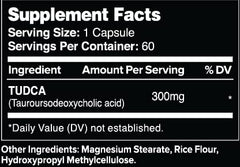 Leviathan Nutrition TUDCA capsules close-up reveals 300mg per capsule for targeted daily dosing.