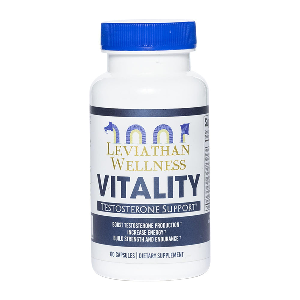 Leviathan Wellness Vitality bottle front shows 30 servings for daily vitality support.