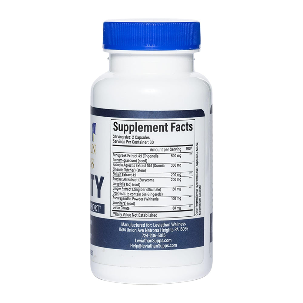 Leviathan Wellness Vitality dosage scene shows three capsules daily.