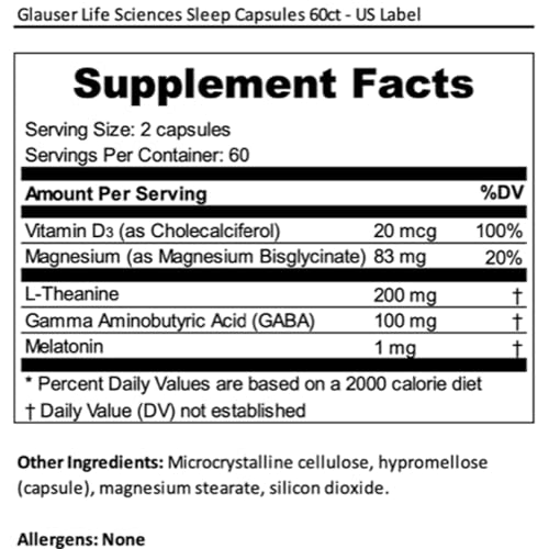 Ingredients for Levium Sleep Formula including L-Theanine, GABA, Melatonin, Vitamin D3 and Magnesium