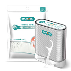 Clear LIAMOSS dental floss dispenser showing internal floss sticks